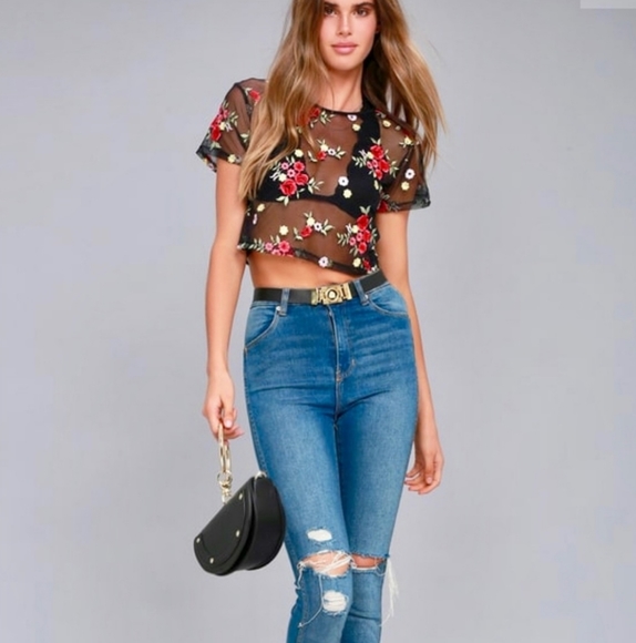 Lulus Tops - LULUS Garden of Delight Embroidered Mesh Crop Top
